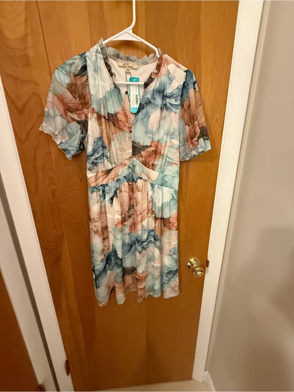 Floral Watercolor Short Sleeve Mini Dress in Blue & Tan
